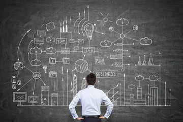 Rear view of a man looking at business scheme