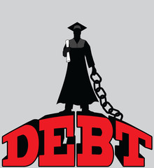 College  Debt - Graduate Chained is an illustration of a graduate in cap and gown standing on top of and chained to giant debt.