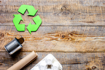environment concept with recycling symbol on rustic background top view mockup