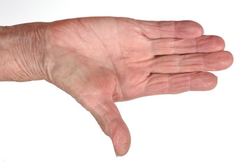 Hand of senior woman isolated on white