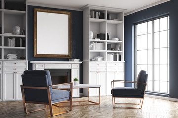 Living room fireplace and blue armchairs, corner