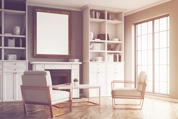 Living room with gray walls and an armchair, toned