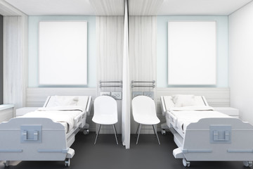 Front view of ward with purple beds