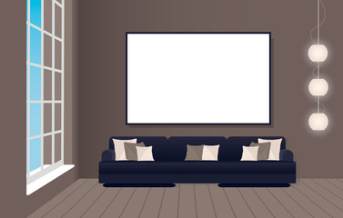 Interior mockup in loft style with sofa and empty frame. Hipster design concept.