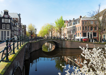 Fototapeta premium Domy i most nad kanałem z odbiciami lustrzanymi na kwitnącą wiosnę, Amsterdam, Holandia
