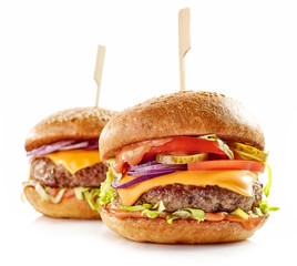 two fresh tasty burgers - obrazy, fototapety, plakaty