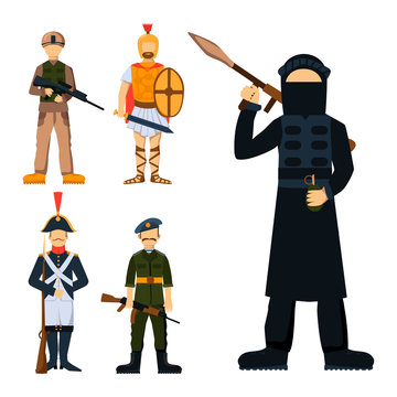 Military soldier character weapon symbols armor man silhouette forces design and american fighter ammunition navy camouflage sign vector illustration.