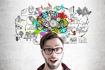 Surprised hipster and brain with gears