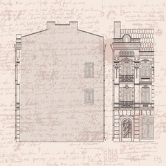 vector drawing of a three-story historic building in the Baroque style front and side on the background of the manuscript