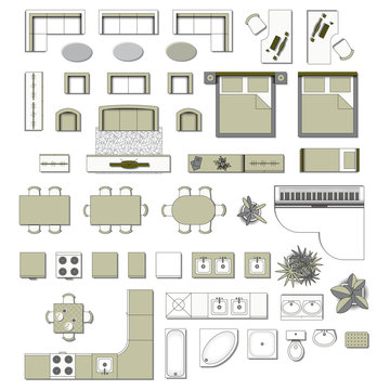 Set top view for interior icon design. Elements 
for living room, bedroom, kitchen, bathroom. 
Floor plan. Furniture store. Vector Illustration.
