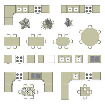 Set top view for interior icon design. Elements 
for kitchen. 
Floor plan. Furniture store. Vector Illustration.

