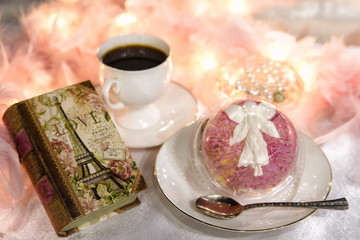 Sweet dessert. Coffee and tasty pudding. Jelly in the form of a flower