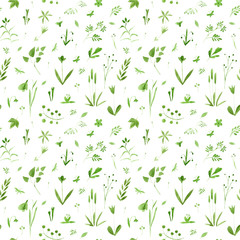 Floral seamless pattern of a green flowers,herbs and insects.Buttercup, cornflower, bluebell,bulrush, berry and snowdrop. Watercolor hand drawn illustration. White background.