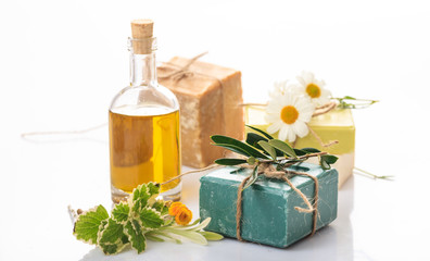 Handmade soap bars on white background