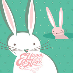 Funny Easter bunnies. Handwritten inscription Happy Easter and pink rabbit ears on a turquoise background. Vector greeting card.