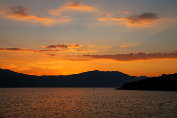 Sunrise over Peljesac Peninsula and Peljeski Strait, Korcula, Croatia.