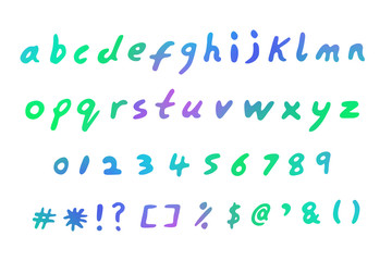 Handwritten lettering of the alphabet, illustration. Numbers 0 to 9 and common symbols included. 