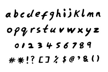 Handwritten lettering of the alphabet, vector illustration. Numbers 0 to 9 and common symbols included. 