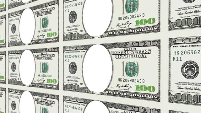 Sheet of 100 dollar bills with no face flying and moving lin distance 3d perspective