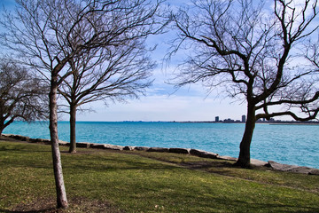 Chicago's gorgeous, aqua colored lakefront of Lake Michigan with Gary, IN  on chilly winter day.
