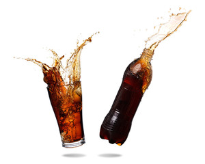 Couple cola splashing out of glass and bottle., Isolated white background. - obrazy, fototapety, plakaty