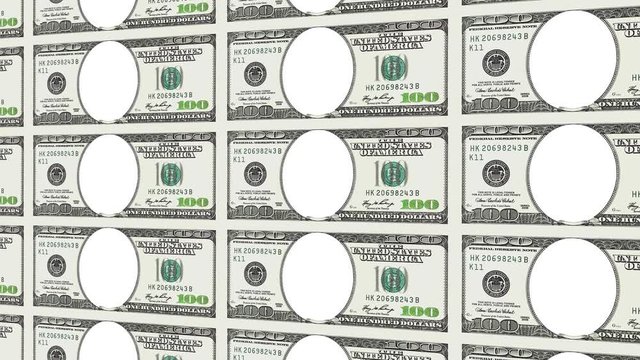 Sheet of 100 dollar bills with no face flying and moving lin distance 3d perspective