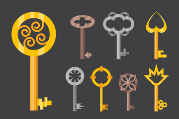 Obraz premium Vintage or antique door key isolated access household tool retro metal security house protection and decorative skeleton ornate secret sign vector illustration.