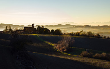 Winter sunset in the Monferrato hills. Piedmont, Italy
