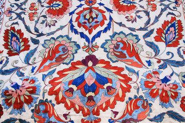 Red, White, Blue and Green Tapestry wall hanging found in Jerusalem, Israel.