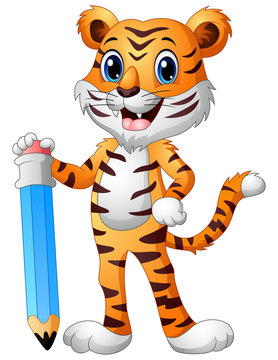 Funny tiger cartoon holding a big pencil