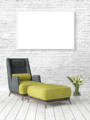 Modern bright interior with empty frame . 3D rendering