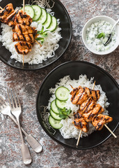 Asian style chicken skewers and rice. Healthy diet food concept. Top view, flat lay