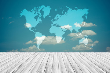 Blue sky cloud with Wood terrace and world map , process in vintage style