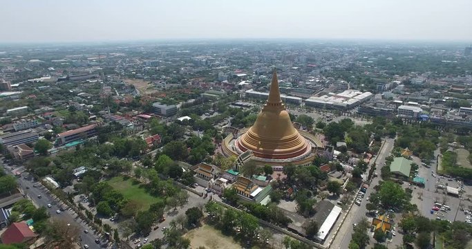 Aerial scene  of Old  big Thai buddhist pagoda and city at  Nakhon Pathom Province , Thailand