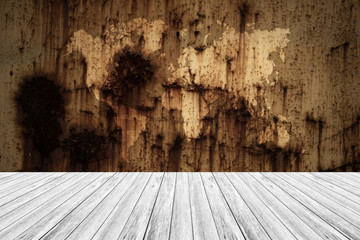 Metal rust wall texture surface vintage style with Wood terrace and world map