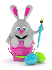 3d rendering of Easter bunny with painted eggs