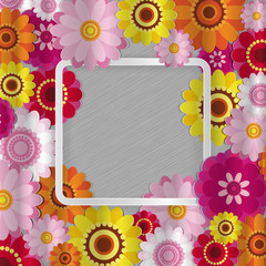 Spring congratulatory floral background. Festive paper flowers on a square light frame. Shaded noble gray background. Greeting card with a holiday on March 8, Mother's Day, birthday.