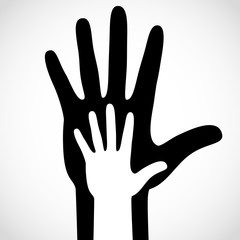 Black color big hand and white small hand concept. Help symbol hands support emblem. Vector hands icon illustration. Education, health care, medical, design element.