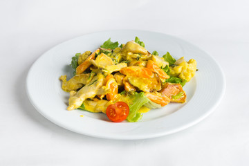 Plate of salad on white background