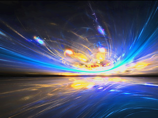 Mysterious alien sunset view in the amazing world inhabited. Fractal art graphics.