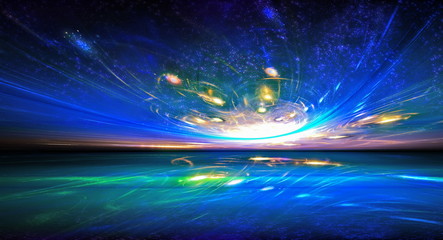 Mysterious alien sunset view in the amazing world inhabited. Fractal art graphics.