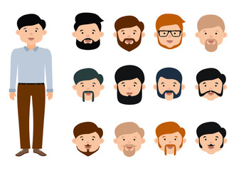 Beard man character creation set. The options of beards and mustaches for young men Flat style illustration. Isolated vector illustration