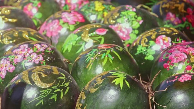 Large Watermelons Decorated with Paintings on Market