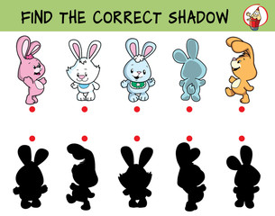 Fototapeta premium Cute little rabbits. Find the correct shadow. Educational game for children. Cartoon vector illustration.