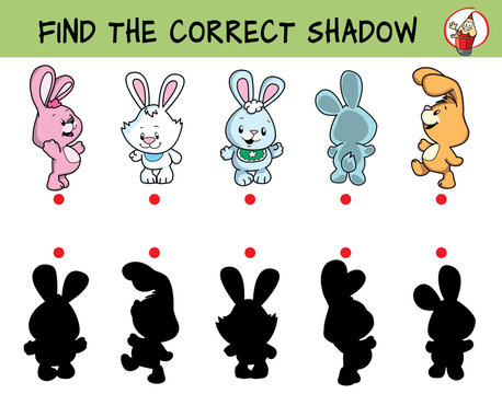 Cute little rabbits. Find the correct shadow. Educational game for children. Cartoon vector illustration.