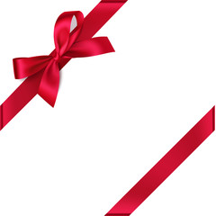 Decorative red bow with diagonally ribbon on the corner. Vector bow for page decor isolated on white