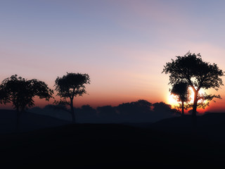 Naklejka na ściany i meble 3D tree landscape against a sunset sky