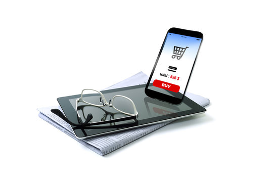 tablet and Transparent smartphone with shopping screen on white background