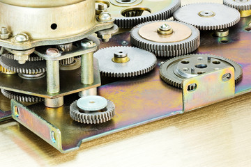 set linked metal gears. different cogwheels mechanism.