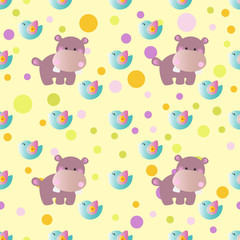 pattern with cartoon cute toy baby behemoth, bird